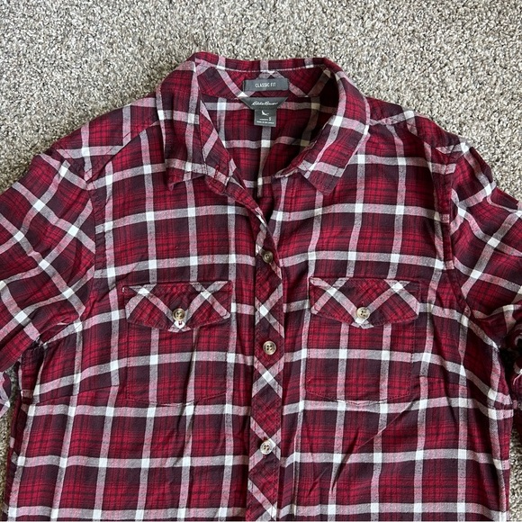 Eddie Bauer Burgundy Classic Fit Plaid Long Sleeve Button Up Shirt, Size Small - Picture 2 of 11